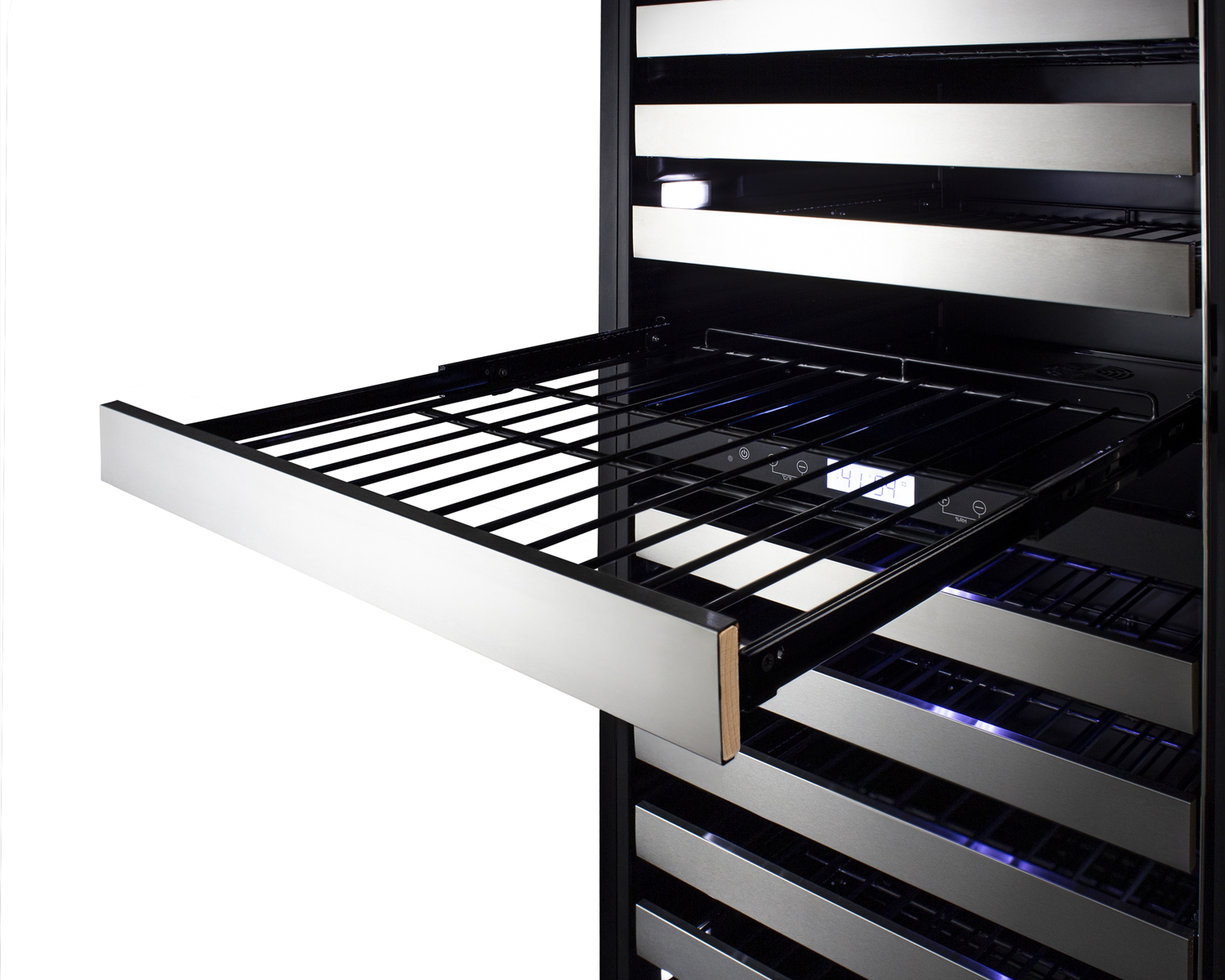 Dual zone 163 bottle commercial wine cellar for built-in or freestanding use, with stainless steel cabinet, a glass door with seamless stainless steel trim, digital thermostat, full-extension shelving, and factory-installed lock